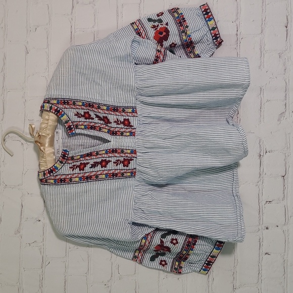 Zara Other - ZARA Kids Embroidered Peasant Blouse Stripes Bell Sleeve Girls Size 7